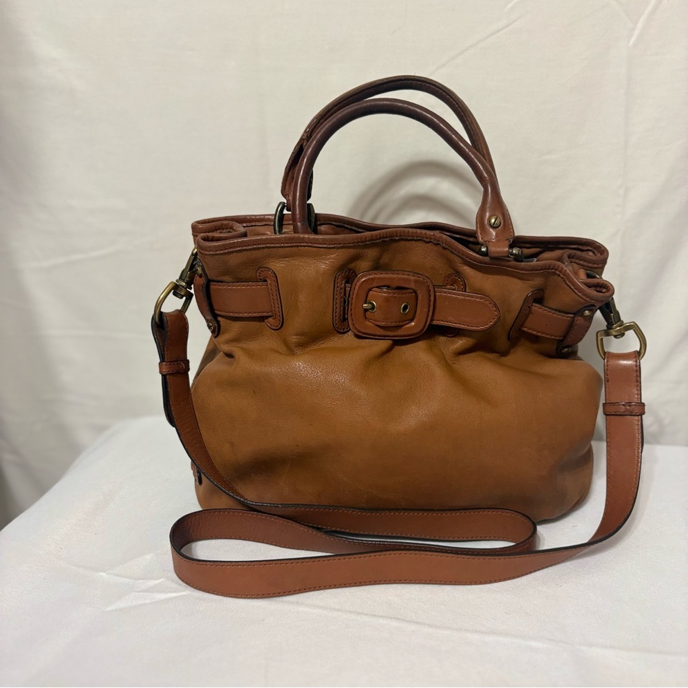Cole Haan brown leather top handle tote with adj  shoulder strap and buckle